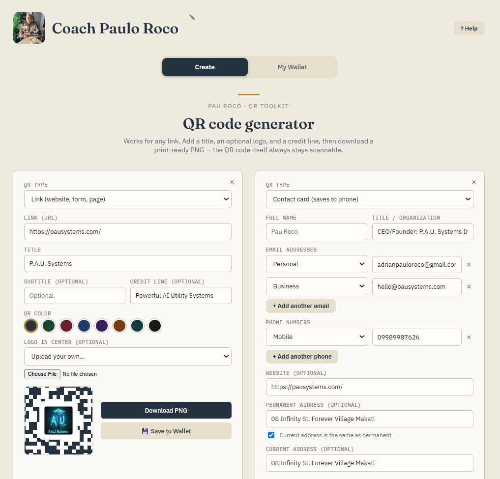 QR Code Creator showing a colored QR code, logo picker, and a fully-loaded contact card form with multiple phones and emails